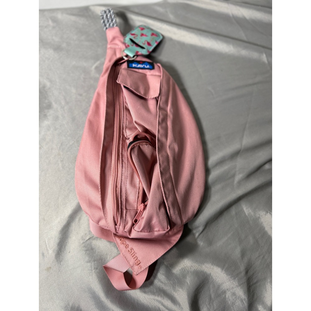 KAVU Rope Sling Bag Pink Canvas Crossbody Backpack with Flamingo Accessory